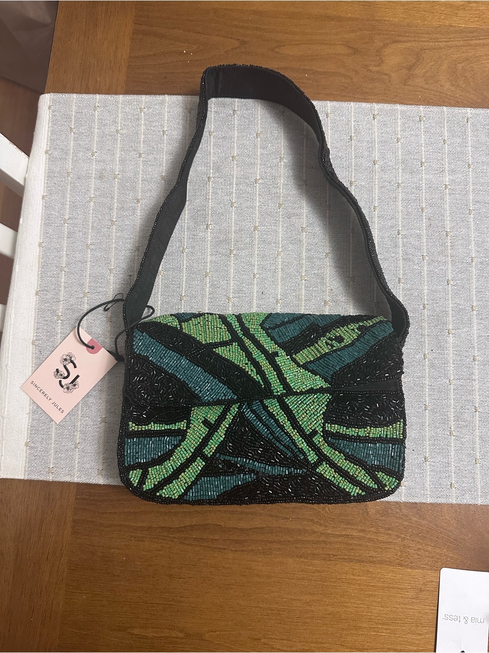 BEADED Sincerely Jules Green, Black and Teal small shoulder bag  NWT